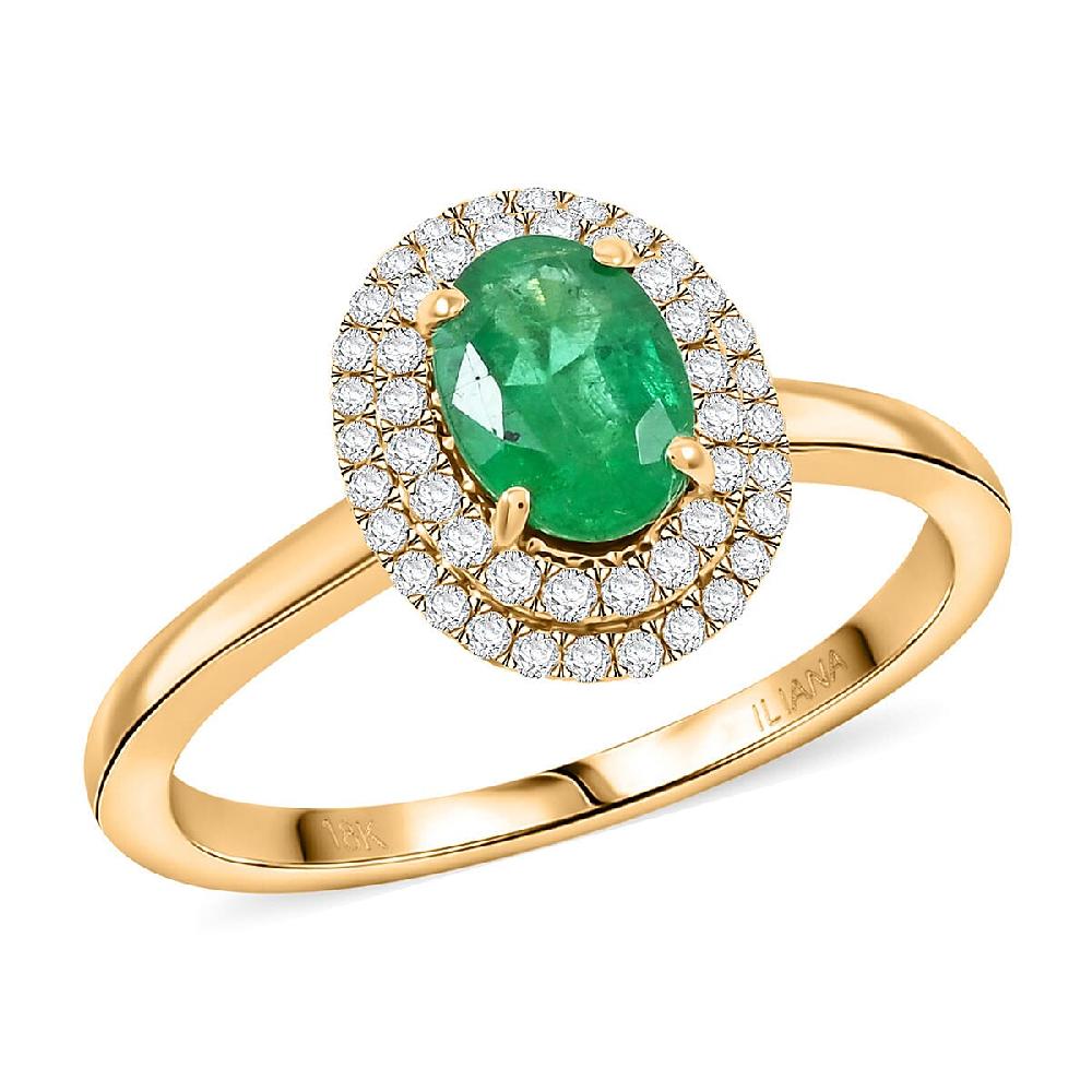shop lc Certified & Appraised Iliana AAAA Kagem Zambian Emerald and SI Diamond 1.00 ctw Double Halo Ring in 18K Yellow Gold