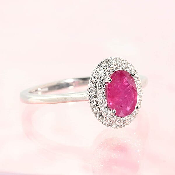 Shop Lc Certified & Appraised Iliana AAAA Montepuez Ruby Diamond Double Halo Ring In 18K White Gold 1.10 Ctw