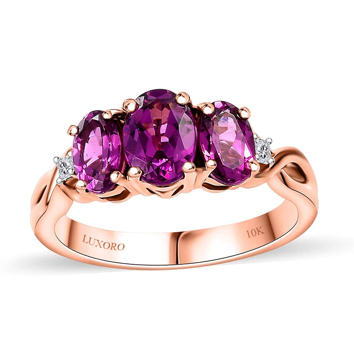 shop lc Certified & Appraised Luxoro 10K Rose Gold AAA Radiant Ember Garnet Diamond (G-H I2) 3 Stone Ring 2.10 ctw
