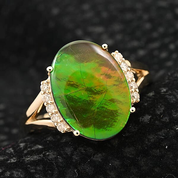 Shop Lc Certified & Appraised Luxoro 10K Yellow Gold AAA Canadian Ammolite And G-H I2 Diamond Ring 0.12 Ctw