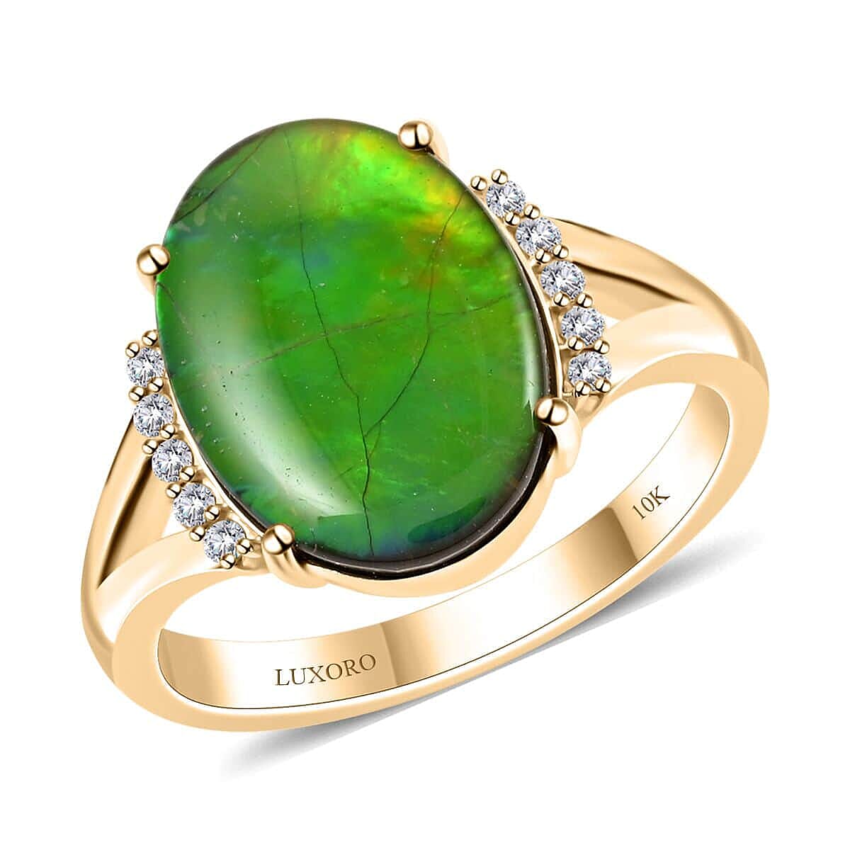shop lc Certified & Appraised Luxoro 10K Yellow Gold AAA Canadian Ammolite and G-H I2 Diamond Ring 0.12 ctw