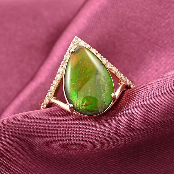 Shop Lc Certified & Appraised Luxoro 10K Yellow Gold AAA Canadian Ammolite (Pear 14x9mm) Diamond (G-H I2) (0.18 Cts) Ring