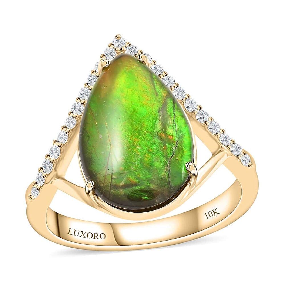 shop lc Certified & Appraised Luxoro 10K Yellow Gold AAA Canadian Ammolite (Pear 14x9mm) Diamond (G-H I2) (0.18 cts) Ring