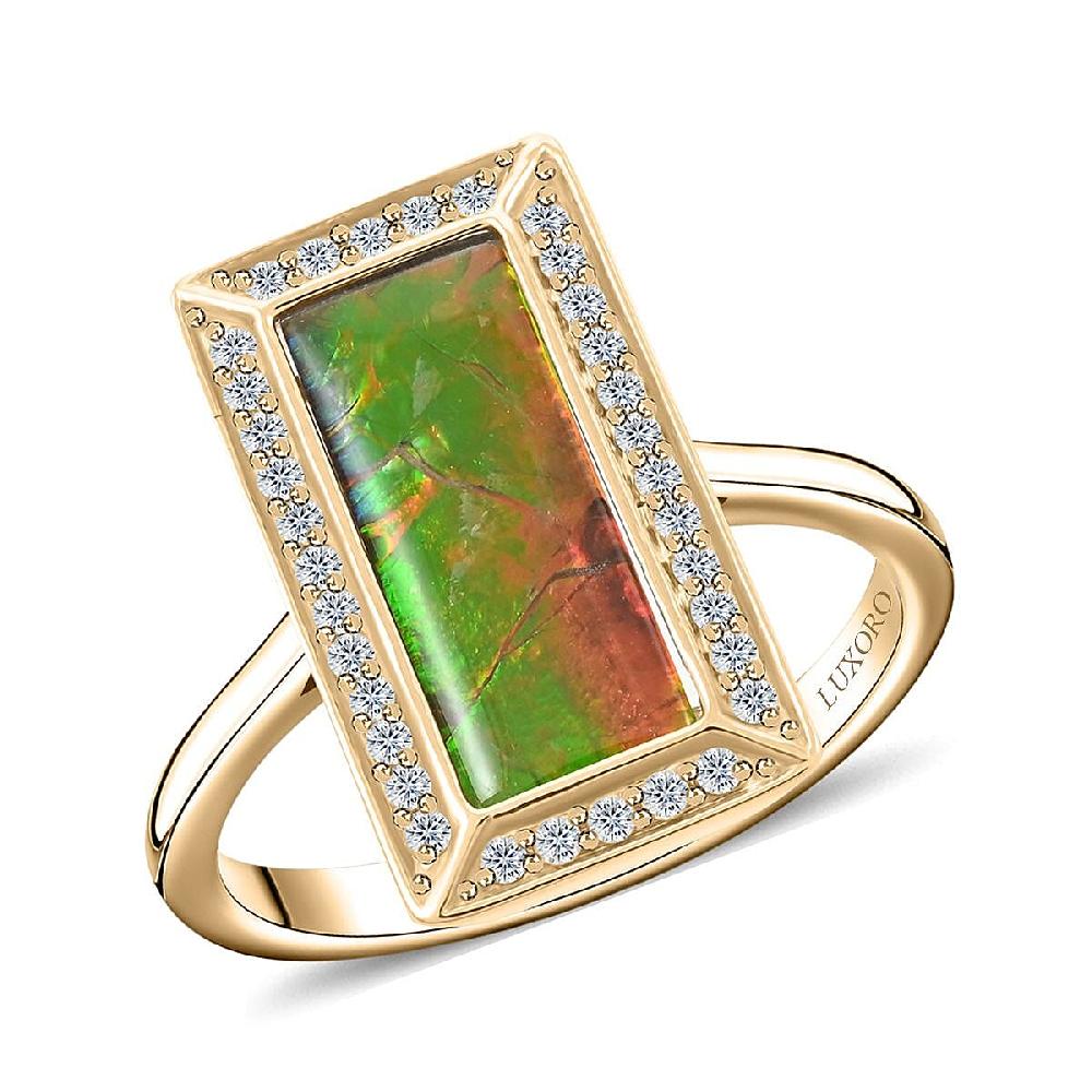 shop lc Certified & Appraised Luxoro 10K Yellow Gold AAA Canadian Ammolite and G-H I2 Diamond Ring 4.25 Grams 0.27 ctw