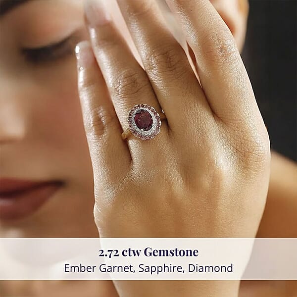 Shop Lc Certified & Appraised Luxoro 10K Yellow Gold AAA Radiant Ember Garnet Padparadscha Sapphire Diamond (I2) (0.20 Cts) Double Halo Ring 2.72 Ctw