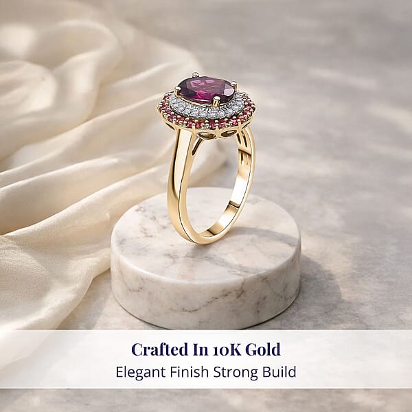 Shop Lc Certified & Appraised Luxoro 10K Yellow Gold AAA Radiant Ember Garnet Padparadscha Sapphire Diamond (I2) (0.20 Cts) Double Halo Ring 2.72 Ctw