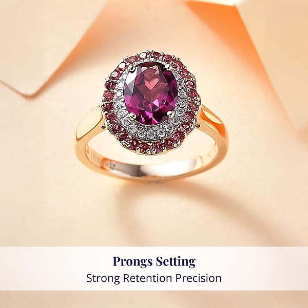 Shop Lc Certified & Appraised Luxoro 10K Yellow Gold AAA Radiant Ember Garnet Padparadscha Sapphire Diamond (I2) (0.20 Cts) Double Halo Ring 2.72 Ctw