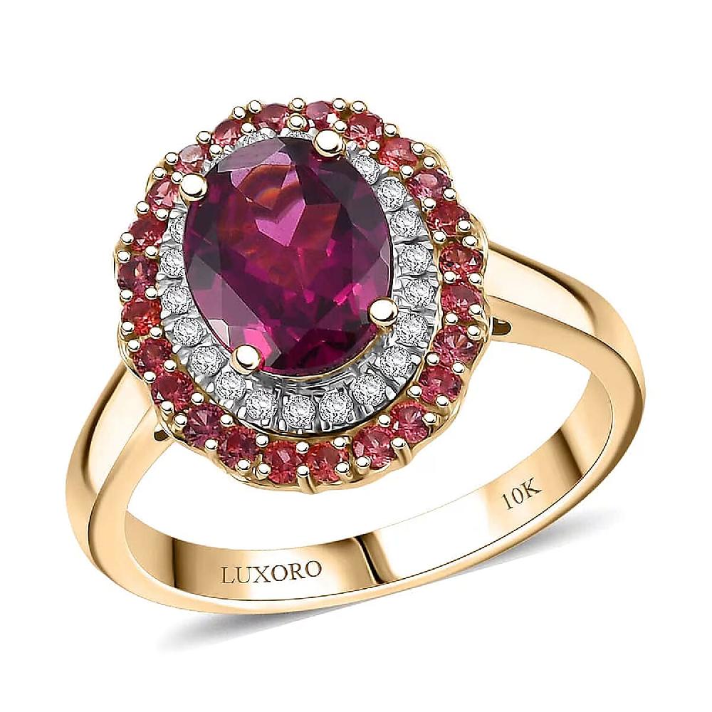 shop lc Certified & Appraised Luxoro 10K Yellow Gold AAA Radiant Ember Garnet Padparadscha Sapphire Diamond (I2) (0.20 cts) Double Halo Ring 2.72 ctw
