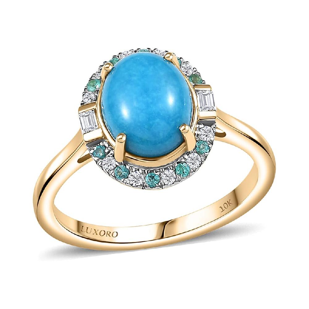 shop lc Certified & Appraised Luxoro 10K Yellow Gold AAA Sleeping Beauty Turquoise AAAA Paraiba Tourmaline and Diamond (E-F I2) (0.13 cts) Ring 2.81 ctw