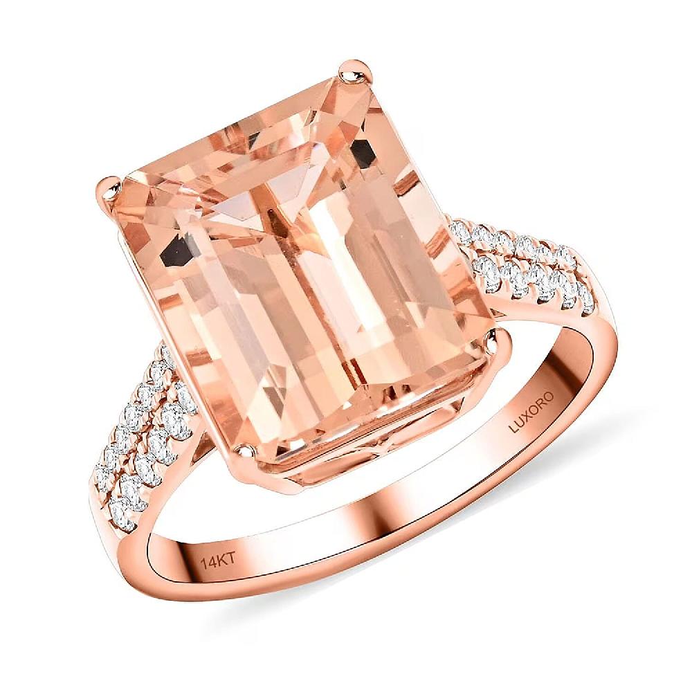shop lc Certified & Appraised Luxoro 14K Rose Gold AAA Marropino Morganite and I2 Diamond Ring 6.15 ctw