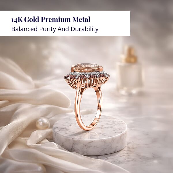 Shop Lc Certified & Appraised Luxoro 14K Rose Gold Palmeiras AAA Pink Morganite And AAA Santa Maria Aquamarine Double Halo Ring 4.45 Grams 3.60 Ctw