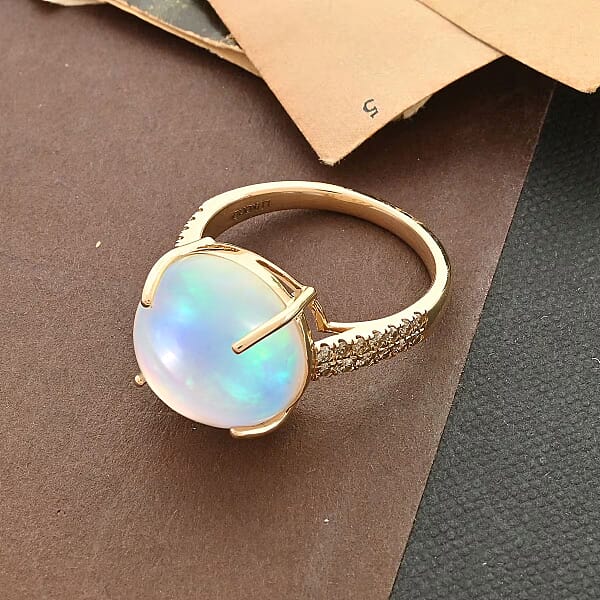 Shop Lc Certified & Appraised Luxoro 14K Yellow Gold AAA Ethiopian Welo Opal And G-H I2 White Diamond Ring 6.10 Ctw