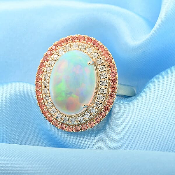 Shop Lc Certified & Appraised Luxoro 14K Yellow Gold AAA Ethiopian Welo Opal Songea Sapphire And G-H I2 Diamond Ring 6.20 Grams 4.50 Ctw