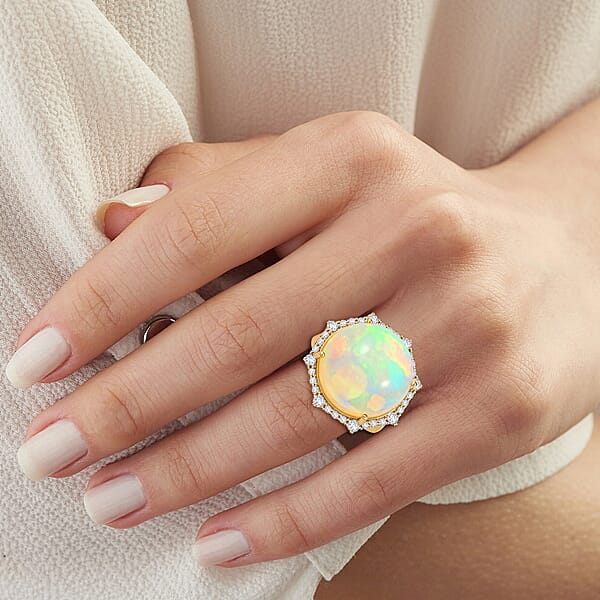 Shop Lc Certified & Appraised Luxoro 14K Yellow Gold AAA Ethiopian Welo Opal And Diamond Ring 4.60 Grams 11.60 Ctw