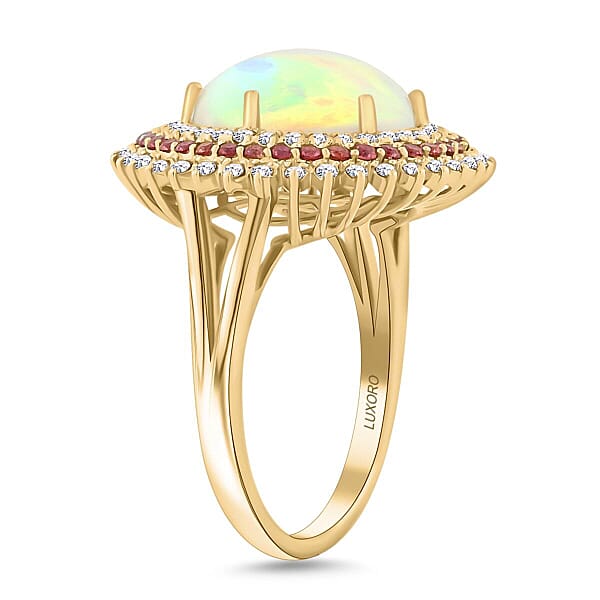 Shop Lc Certified & Appraised Luxoro 14K Yellow Gold AAA Ethiopian Welo Opal Padparadscha Sapphire And Diamond (G-H I2) (0.56 Cts) Ring (6.54 G) 6.25 Ctw