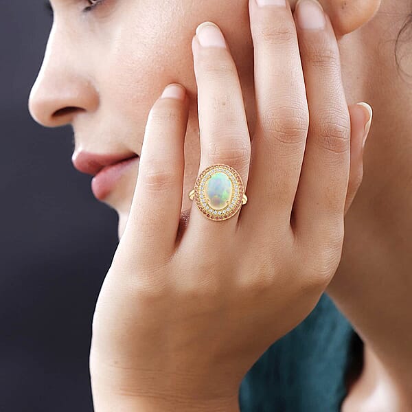 Shop Lc Certified & Appraised Luxoro 14K Yellow Gold AAA Ethiopian Welo Opal Songea Sapphire And G-H I2 Diamond Ring 6.20 Grams 4.50 Ctw