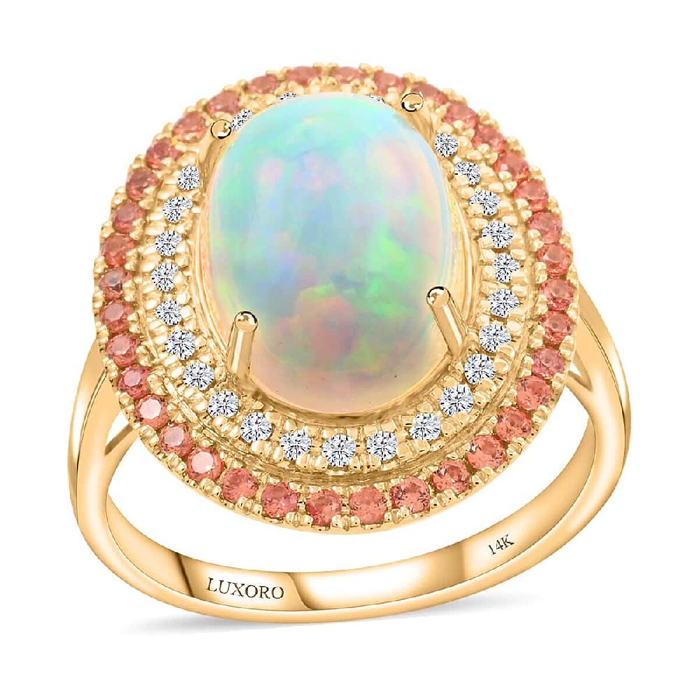 shop lc Certified & Appraised Luxoro 14K Yellow Gold AAA Ethiopian Welo Opal Songea Sapphire and G-H I2 Diamond Ring 6.20 Grams 4.50 ctw