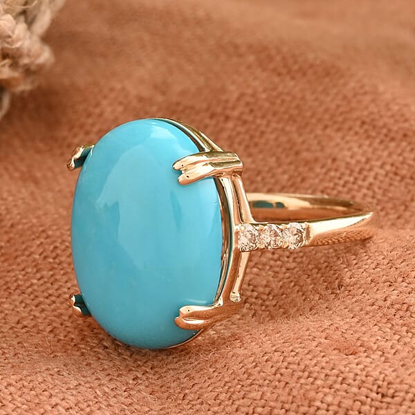 Shop Lc Certified & Appraised Luxoro 14K Yellow Gold AAA Sleeping Beauty Turquoise And G-H I2 Diamond Ring 8.00 Ctw