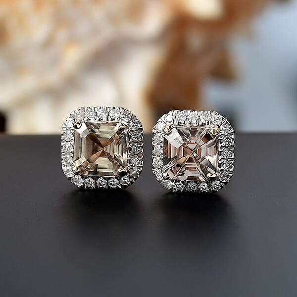 Shop Lc Certified & Appraised Luxoro AAA Asscher Cut Turkizite And G-H I2 Diamond 3.00 Ctw Halo Stud Earrings In 14K Yellow Gold (Del. In 10-15 Days)