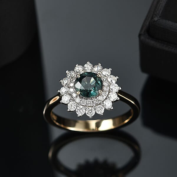 Shop Lc Certified & Appraised Luxoro AAA Australian Sapphire And G-H I2 Diamond 1.85 Ctw Floral Ring In 14K Yellow Gold