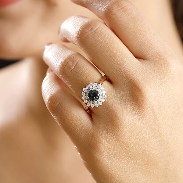 Shop Lc Certified & Appraised Luxoro AAA Australian Sapphire And G-H I2 Diamond 1.85 Ctw Floral Ring In 14K Yellow Gold