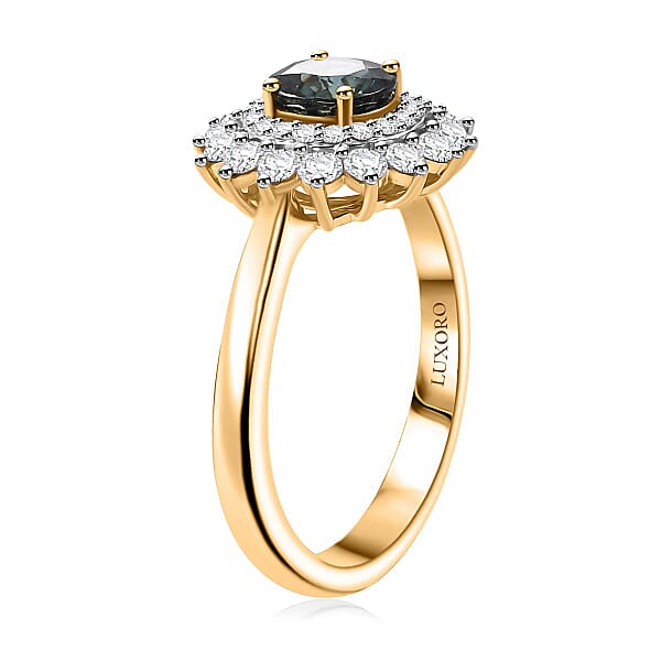 Shop Lc Certified & Appraised Luxoro AAA Australian Sapphire And G-H I2 Diamond 1.85 Ctw Floral Ring In 14K Yellow Gold