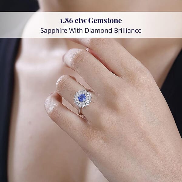 Shop Lc Certified & Appraised Luxoro AAA Blue Sapphire And G-H I2 Diamond 1.86 Ctw Floral Ring In 14K White Gold