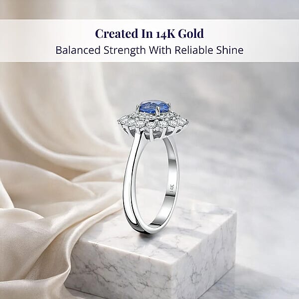 Shop Lc Certified & Appraised Luxoro AAA Blue Sapphire And G-H I2 Diamond 1.86 Ctw Floral Ring In 14K White Gold
