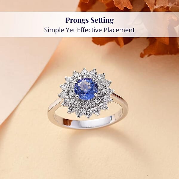 Shop Lc Certified & Appraised Luxoro AAA Blue Sapphire And G-H I2 Diamond 1.86 Ctw Floral Ring In 14K White Gold