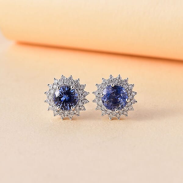 Shop Lc Certified & Appraised Luxoro AAA Blue Sapphire And G-H I2 Diamond 1.97 Ctw Sunburst Stud Earrings In 14K White Gold