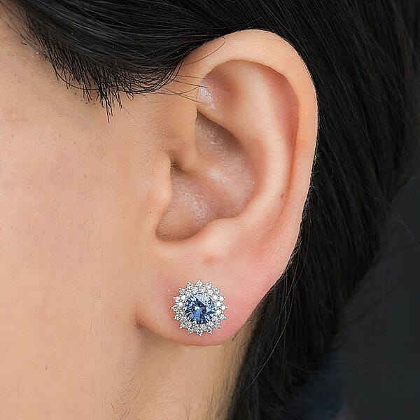 Shop Lc Certified & Appraised Luxoro AAA Blue Sapphire And G-H I2 Diamond 1.97 Ctw Sunburst Stud Earrings In 14K White Gold
