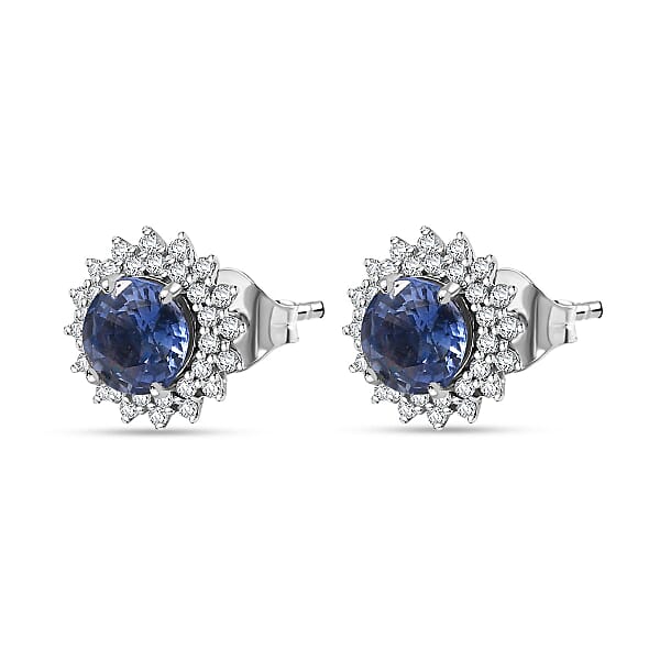 Shop Lc Certified & Appraised Luxoro AAA Blue Sapphire And G-H I2 Diamond 1.97 Ctw Sunburst Stud Earrings In 14K White Gold