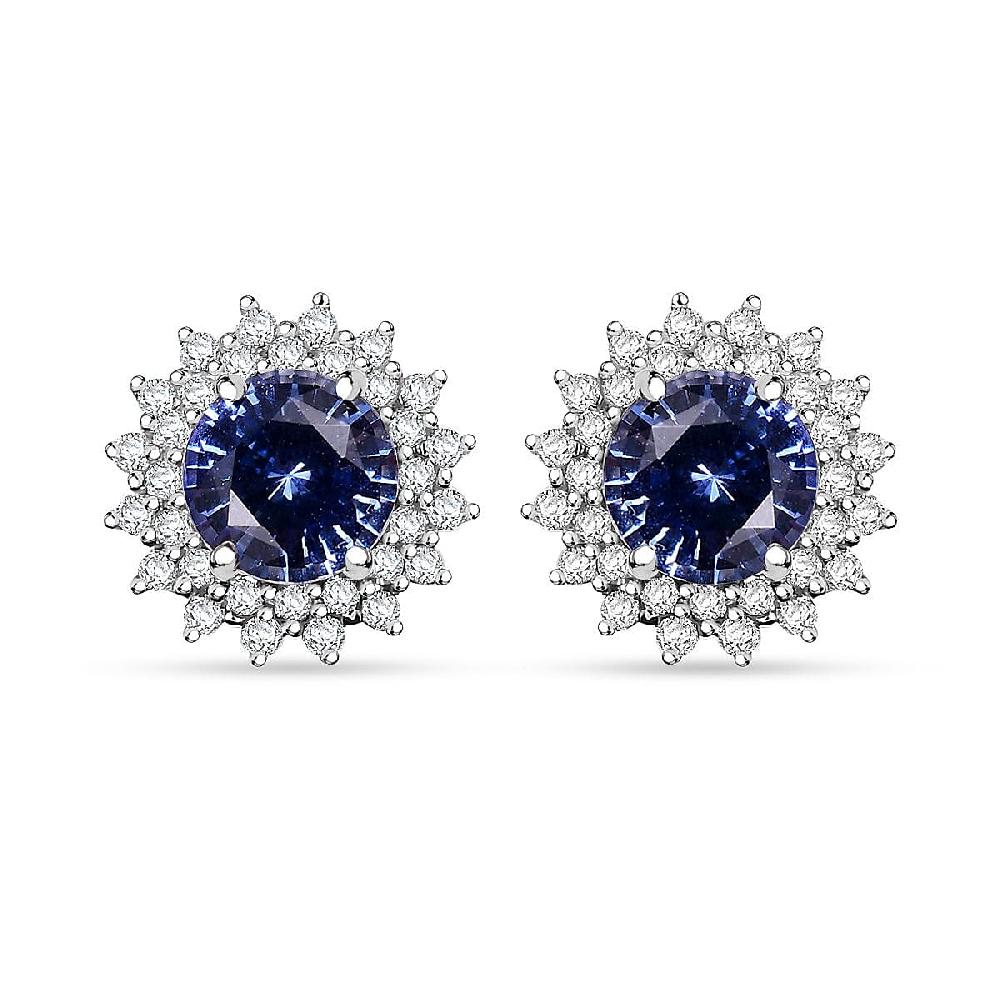 shop lc Certified & Appraised Luxoro AAA Blue Sapphire and G-H I2 Diamond 1.97 ctw Sunburst Stud Earrings in 14K White Gold