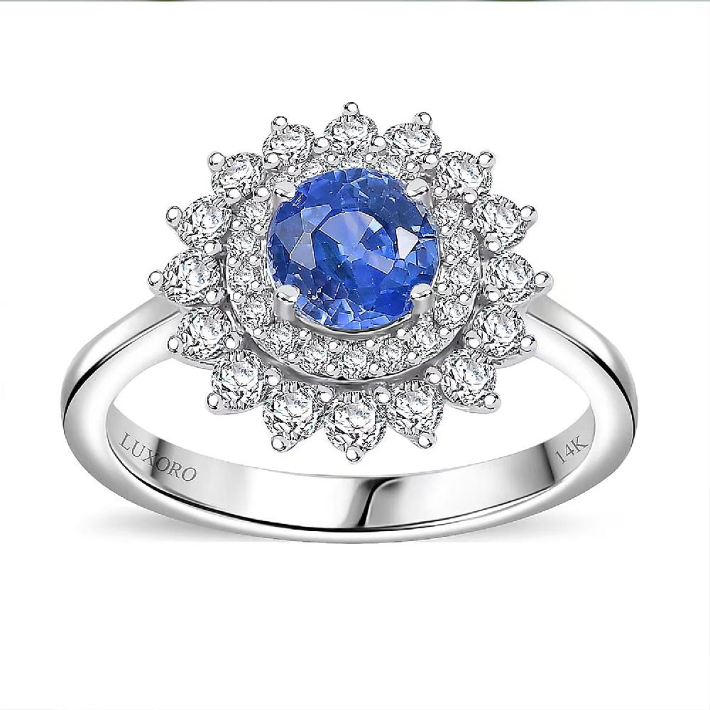 shop lc Certified & Appraised Luxoro AAA Blue Sapphire and G-H I2 Diamond 1.86 ctw Floral Ring in 14K White Gold
