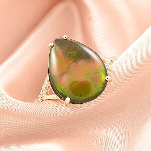 Shop Lc Certified & Appraised Luxoro AAA Canadian Ammolite And G-H I2 Diamond 0.10 Ctw Ring In 10K Yellow Gold