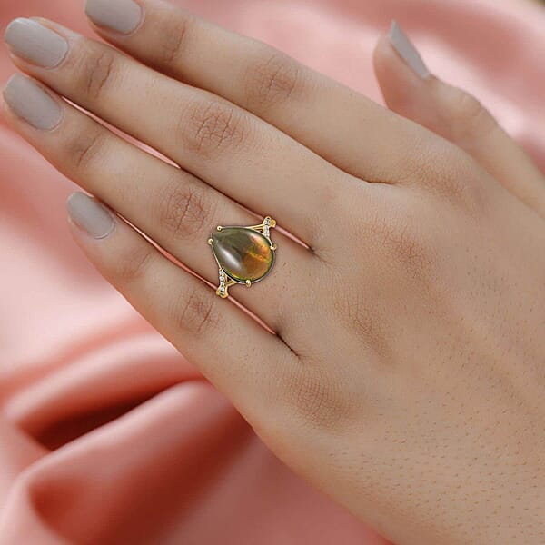 Shop Lc Certified & Appraised Luxoro AAA Canadian Ammolite And G-H I2 Diamond 0.10 Ctw Ring In 10K Yellow Gold