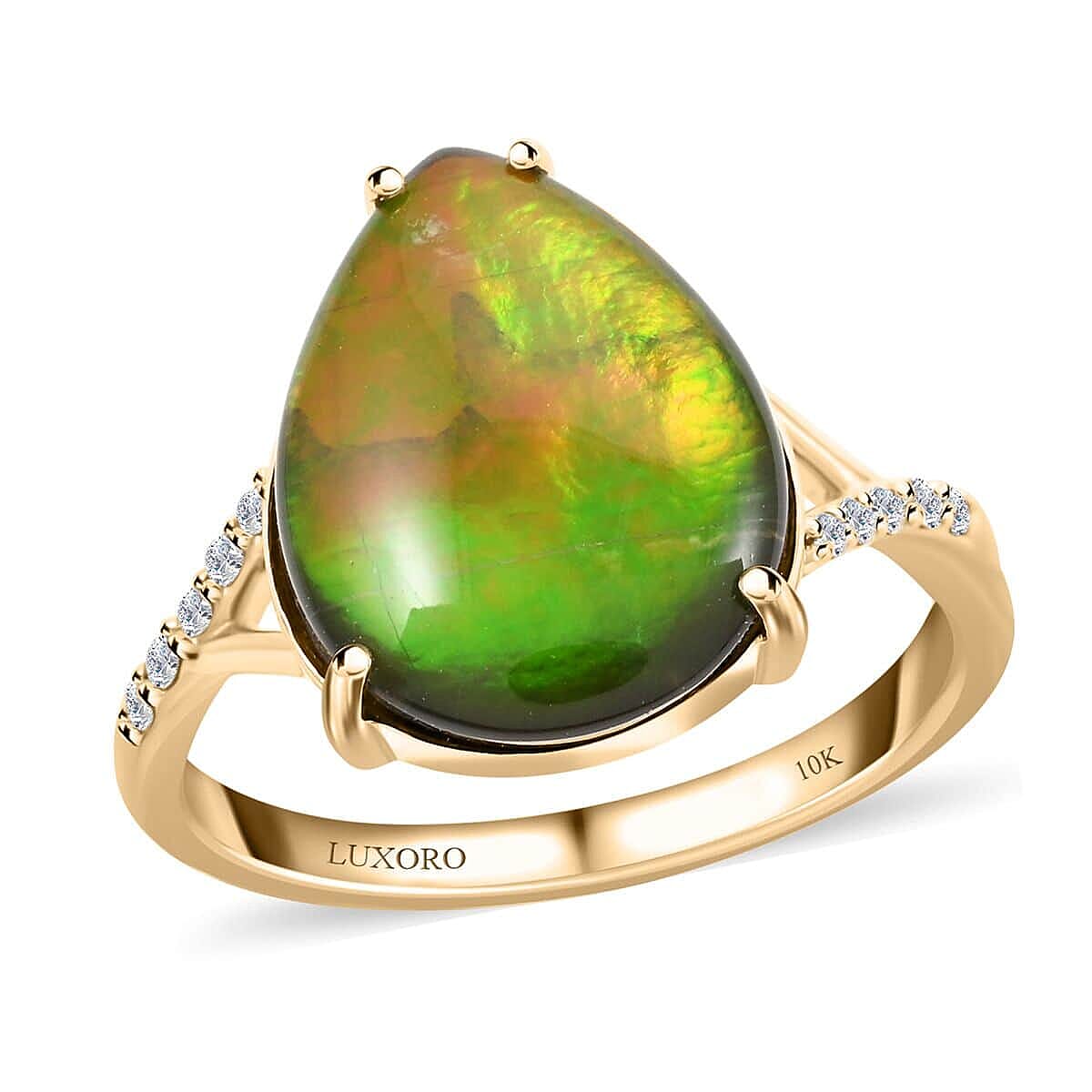 shop lc Certified & Appraised Luxoro AAA Canadian Ammolite and G-H I2 Diamond 0.10 ctw Ring in 10K Yellow Gold
