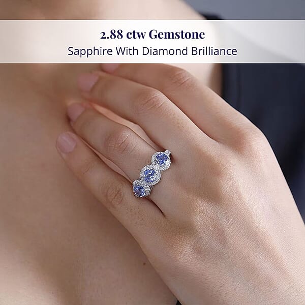 Shop Lc Certified & Appraised Luxoro AAA Ceylon Blue Sapphire And G-H I2 Diamond 2.88 Ctw Triple Halo Ring In 14K White Gold 4.37 Grams