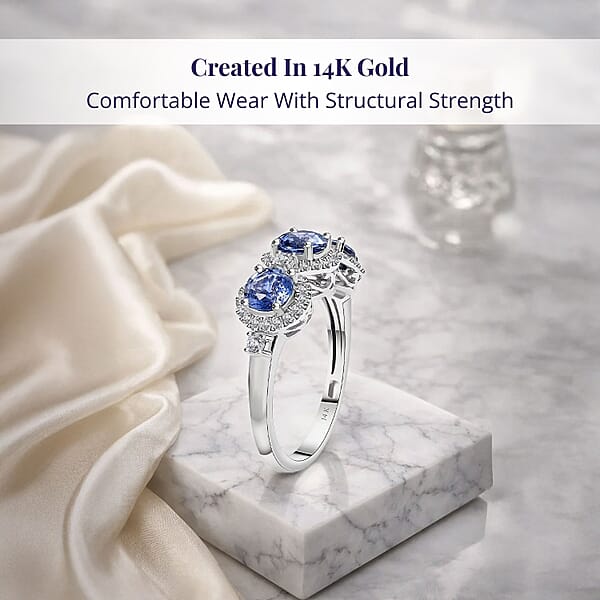 Shop Lc Certified & Appraised Luxoro AAA Ceylon Blue Sapphire And G-H I2 Diamond 2.88 Ctw Triple Halo Ring In 14K White Gold 4.37 Grams