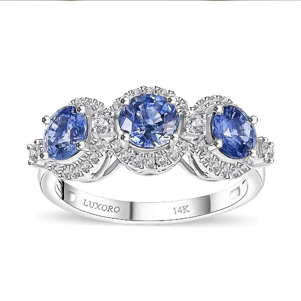 shop lc Certified & Appraised Luxoro AAA Ceylon Blue Sapphire and G-H I2 Diamond 2.88 ctw Triple Halo Ring in 14K White Gold 4.37 Grams