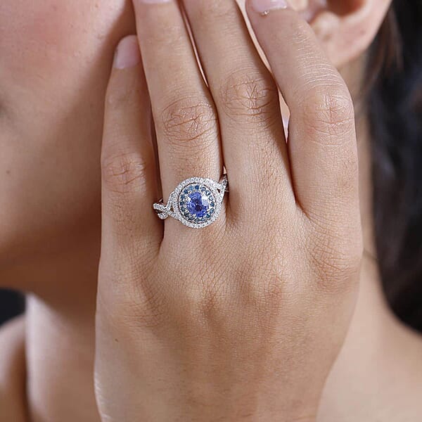 Shop Lc Certified & Appraised Luxoro AAA Ceylon Blue Sapphire Blue And I2 White Diamond 1.70 Ctw Ring In 14K White Gold 4.60 Grams