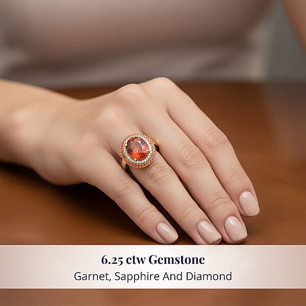 Shop Lc Certified & Appraised Luxoro AAA Ceylon Hessonite Garnet Padparadscha Sapphire And I2 Diamond 6.25 Ctw Ring In 10K Yellow Gold 5.10 Grams