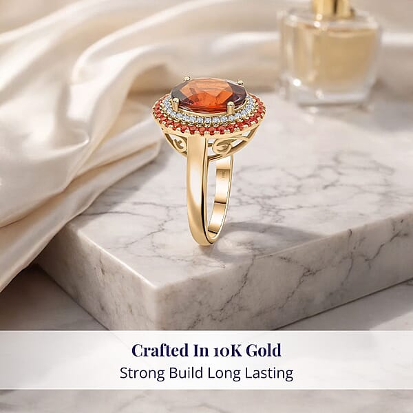 Shop Lc Certified & Appraised Luxoro AAA Ceylon Hessonite Garnet Padparadscha Sapphire And I2 Diamond 6.25 Ctw Ring In 10K Yellow Gold 5.10 Grams