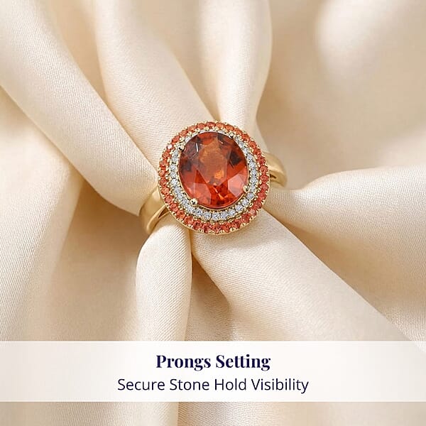 Shop Lc Certified & Appraised Luxoro AAA Ceylon Hessonite Garnet Padparadscha Sapphire And I2 Diamond 6.25 Ctw Ring In 10K Yellow Gold 5.10 Grams