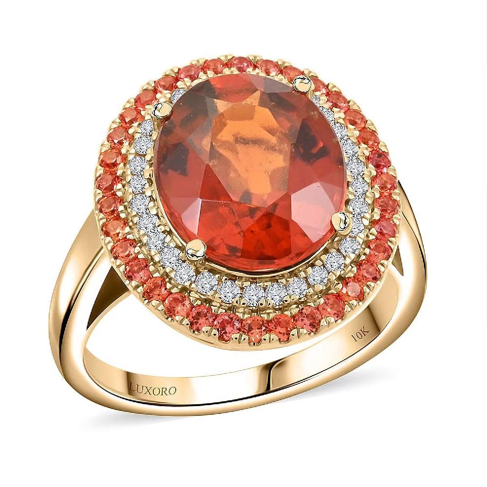 shop lc Certified & Appraised Luxoro AAA Ceylon Hessonite Garnet Padparadscha Sapphire and I2 Diamond 6.25 ctw Ring in 10K Yellow Gold 5.10 Grams
