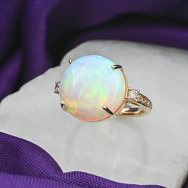 Shop Lc Certified & Appraised Luxoro AAA Ethiopian Welo Opal And G-H I2 Diamond 7.25 Ctw Ring In 14K Yellow Gold