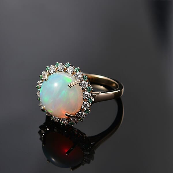 Shop Lc Certified & Appraised Luxoro AAA Ethiopian Welo Opal Paraiba Tourmaline And G-H I2 Diamond 6.00 Ctw Ring In 14K Yellow Gold