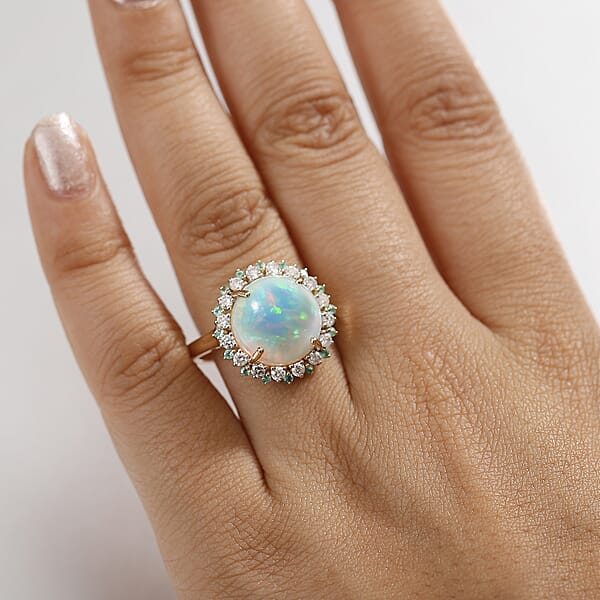 Shop Lc Certified & Appraised Luxoro AAA Ethiopian Welo Opal Paraiba Tourmaline And G-H I2 Diamond 6.00 Ctw Ring In 14K Yellow Gold