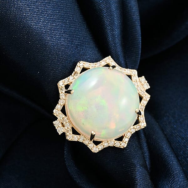 Shop Lc Certified & Appraised Luxoro AAA Ethiopian Welo Opal And White Diamond I2 11.20 Ctw Ring In 10K Yellow Gold