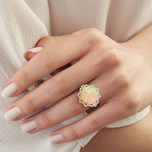 Shop Lc Certified & Appraised Luxoro AAA Ethiopian Welo Opal And White Diamond I2 11.20 Ctw Ring In 10K Yellow Gold